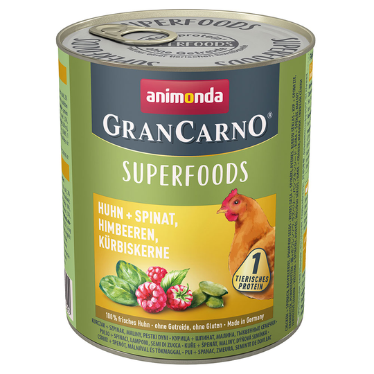 Animonda GranCarno Adult Superfoods 6 x 800 g - kana + pinaatti, vadelma, kurpitsansiemenet