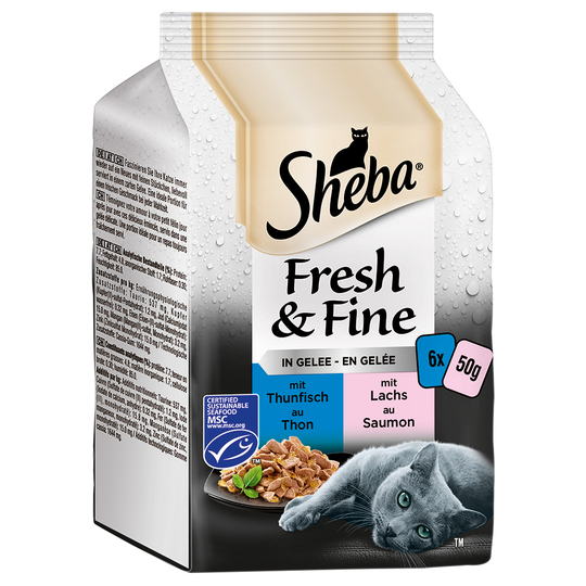 Sheba Fresh & Fine -säästöpakkaus 72 x 50 g - tonikala & lohi hyytelössä