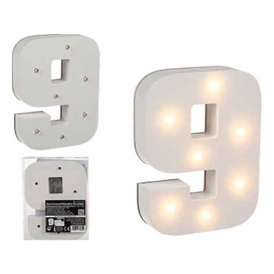 LED-Numero Puuta Valkoinen - Numero 9