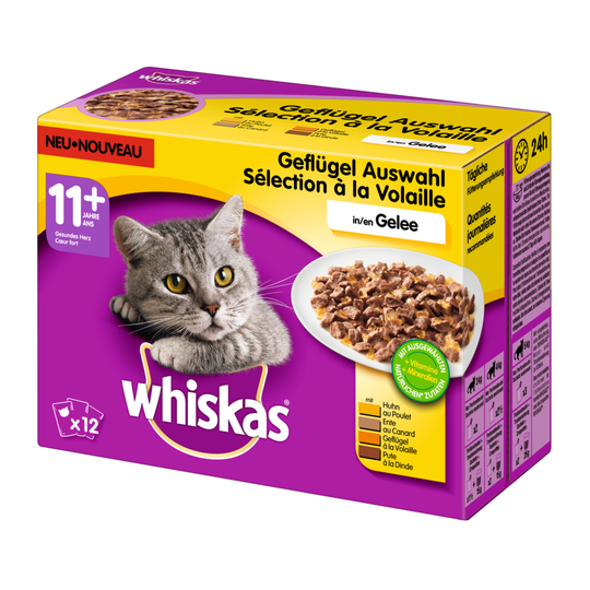Whiskas Senior -tuorepussit säästöpakkauksessa 144 x 100 g - Senior 11+ siipikarjavalikoima hyytelössä