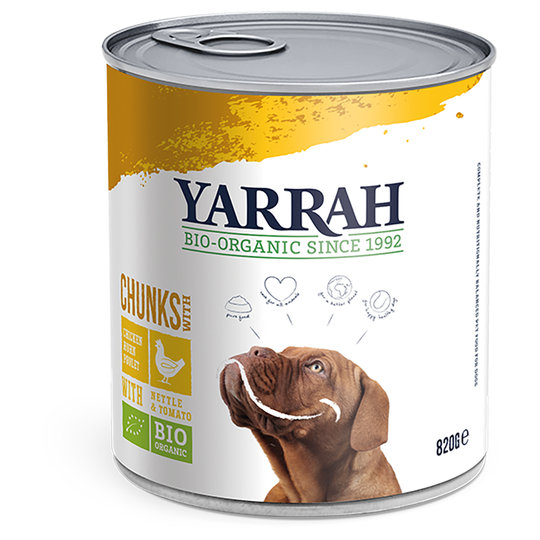 12 x 380 g/400 g/405 g/820 g Yarrah Bio -märkäruoka: 9 + 3 kaupan päälle! - Bio, kanaa, nokkosta & tomaattia kastikkeessa (12 x 820 g)