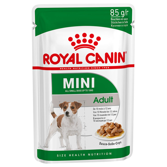 10 x 140 g / 12 x 85 g kaupan päälle! 40 x 140 g / 48 x 85 g Royal Canin Size kastikkeessa - Mini Adult (48 x 85 g)