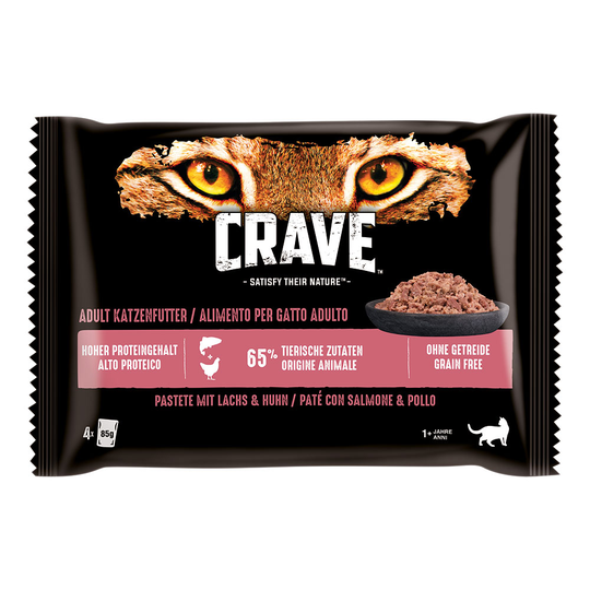 4 x 85 g Crave Adult -kissanruokaa erikoishintaan! - lohi- & kanapatee