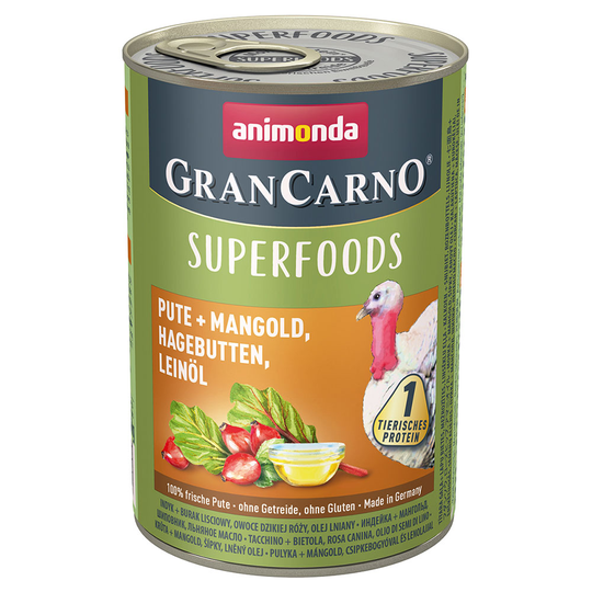 Animonda GranCarno Adult Superfoods 6 x 400 g - kalkkuna + mangoldi, ruusunmarja, pellavaöljy