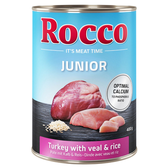 Rocco Junior 6 x 400 g - kalkkuna & vasikansydän + riisi