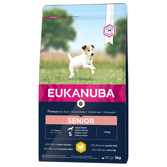 3x zooPisteitä 3 kg / 15 kg Eukanuba-koiranruokaa - Senior Small Breed Chicken (3 kg)