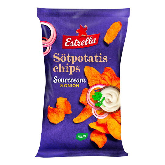 Estrella Sötpotatischips Sourcream & Onion - 90 grammaa